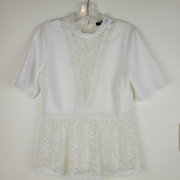 Scobe white deep v neck short sleeve top white lace peplum fairy coquette girl M - Picture 3 of 13